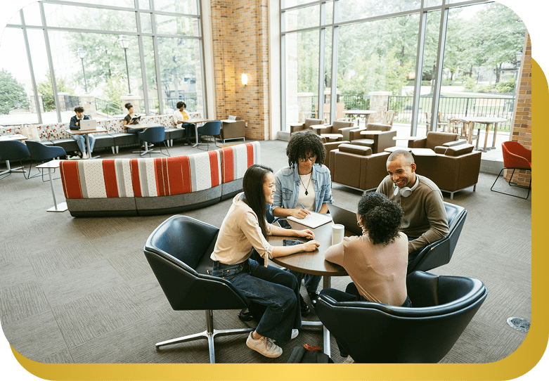 Group meeting in modern atrium